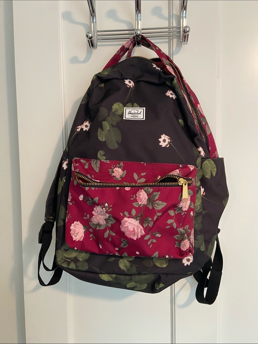 Herschel Supply Company Black Backpack with Burgundy Floral Pocket
